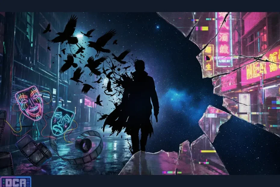 Ilustração artística representando a tragédia como linguagem: silhueta cercada por corvos, máscaras de teatro em neon e o efeito de realidade estilhaçada, simbolizando a catarse e a queda do herói.