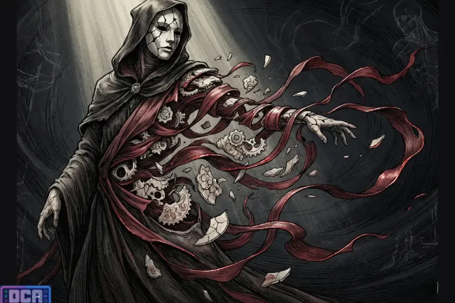 Ilustração artística representando a violência estética: figura mascarada fragmentando-se em engrenagens e fitas vermelhas, simbolizando a fragilidade humana e a abjeção na arte.