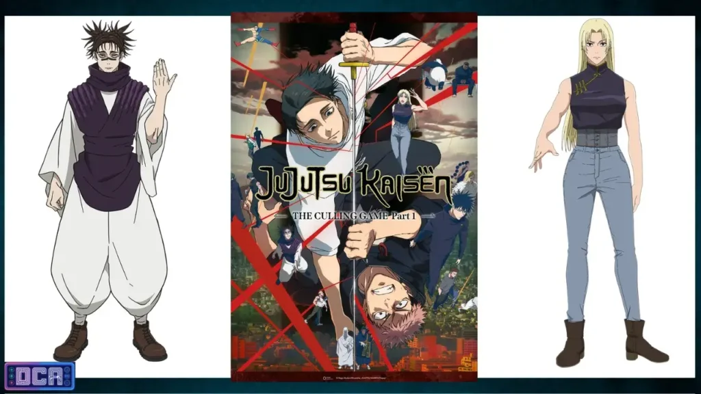 Pôster com os personagens principais do arco Migração à Extinção (Culling Game) de Jujutsu Kaisen: Yuta Okkotsu, Yuji Itadori, Megumi Fushiguro, Choso e Yuki Tsukumo.