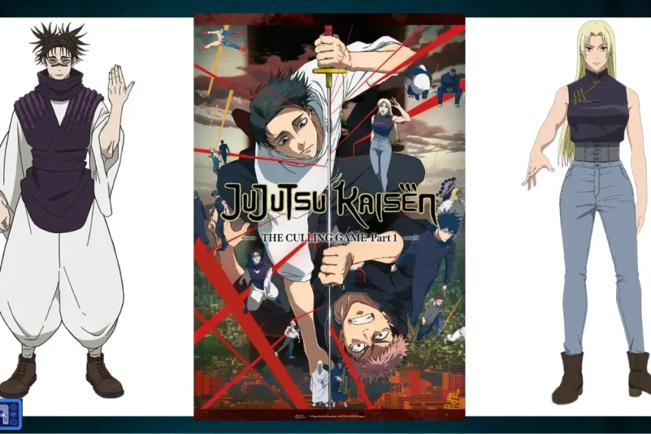 Pôster com os personagens principais do arco Migração à Extinção (Culling Game) de Jujutsu Kaisen: Yuta Okkotsu, Yuji Itadori, Megumi Fushiguro, Choso e Yuki Tsukumo.