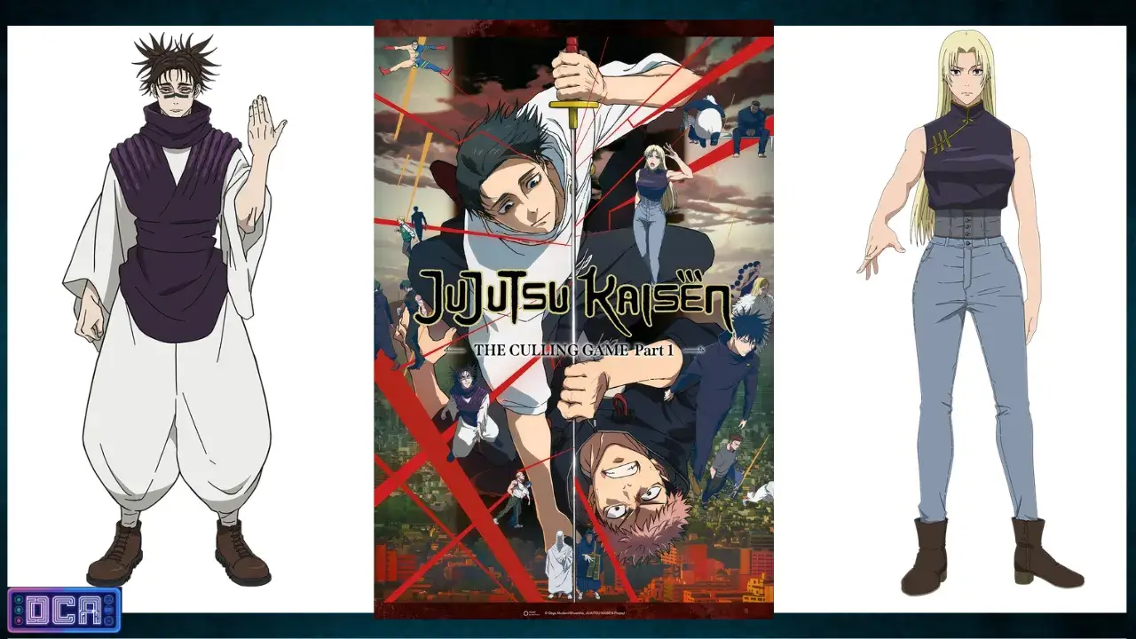 Pôster com os personagens principais do arco Migração à Extinção (Culling Game) de Jujutsu Kaisen: Yuta Okkotsu, Yuji Itadori, Megumi Fushiguro, Choso e Yuki Tsukumo.