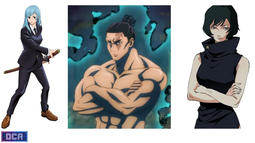 Além do Protagonismo: O Dossiê dos Feiticeiros de Elite e Aliados de JJK 3 Feiticeiros da Escola de Quioto: Kasumi Miwa com sua espada, Aoi Todo em pose de combate e Mai Zenin, representando a força tradicional de Jujutsu Kaisen.