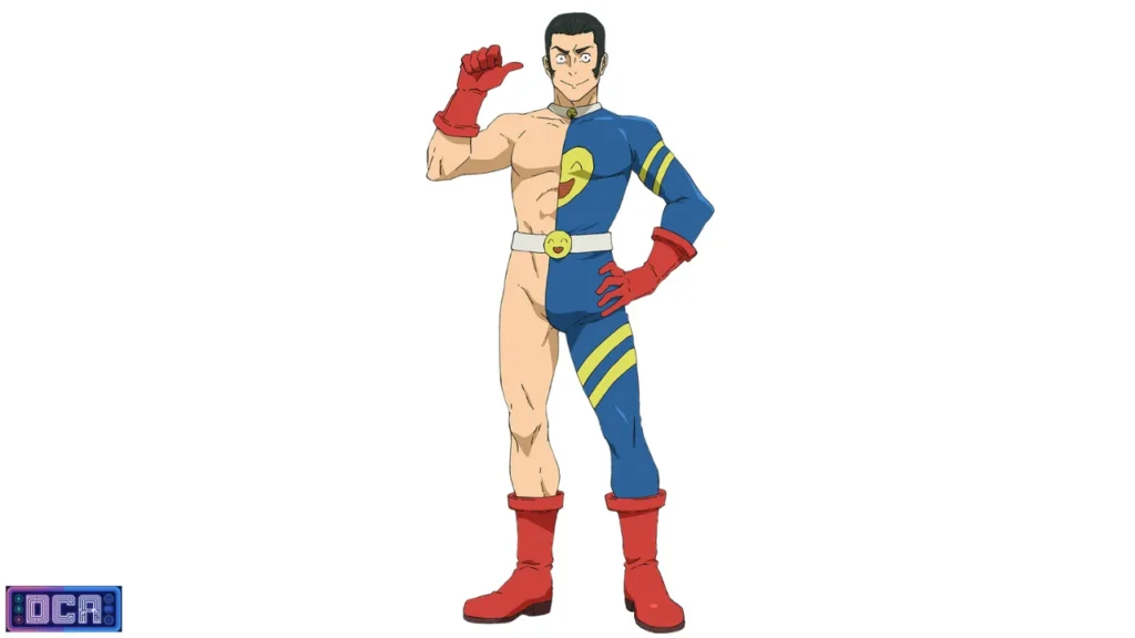 Guia de Personagens da Terceira Temporada: Os Jogadores do Jogo do Abate (2026) 10 Fumihiko Takaba em pose de herói com traje dividido (metade azul com smile e metade pele exposta), personagem da 3ª temporada de Jujutsu Kaisen.