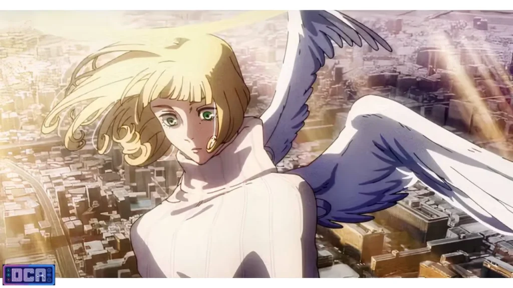 Guia de Personagens da Terceira Temporada: Os Jogadores do Jogo do Abate (2026) 9 Hana Kurusu com asas brancas e cabelos loiros voando sobre a cidade em ruínas, personagem Angel de Jujutsu Kaisen na 3ª temporada.