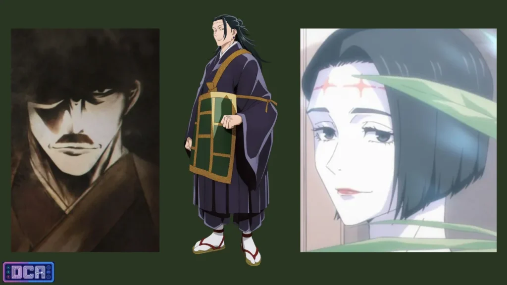 Antagonistas e o Rei das Maldições: A Arquitetura da Malevolência 3 Infográfico de Kenjaku mostrando os corpos de Noritoshi Kamo, Suguru Geto e Kaori Itadori, ilustrando sua técnica de troca de cérebros em Jujutsu Kaisen.