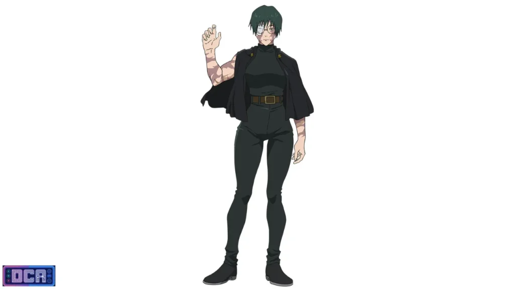 Guia de Personagens da Terceira Temporada: Os Jogadores do Jogo do Abate (2026) 5 Maki Zenin com cicatrizes de queimadura, óculos de lente escura e traje preto de combate, personagem da 3ª temporada (Jogo do Abate).