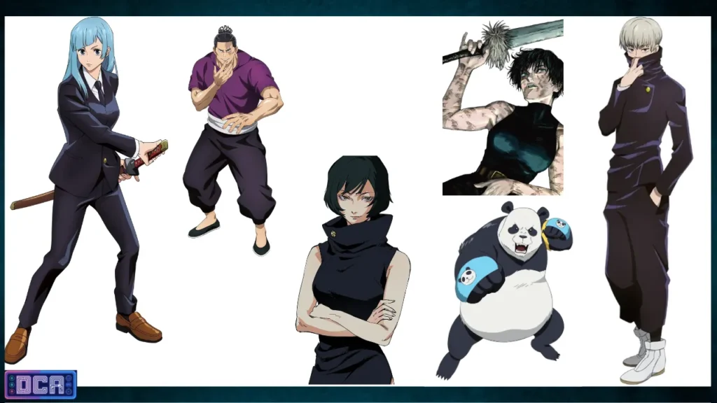 Além do Protagonismo: O Dossiê dos Feiticeiros de Elite e Aliados de JJK 1 Colagem de personagens de apoio de Jujutsu Kaisen destacando Maki Zenin com Restrição Celestial, Aoi Todo, Panda, Toge Inumaki e Kasumi Miwa.