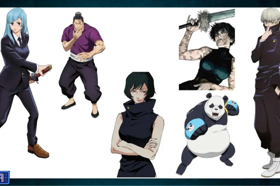 Colagem de personagens de apoio de Jujutsu Kaisen destacando Maki Zenin com Restrição Celestial, Aoi Todo, Panda, Toge Inumaki e Kasumi Miwa.