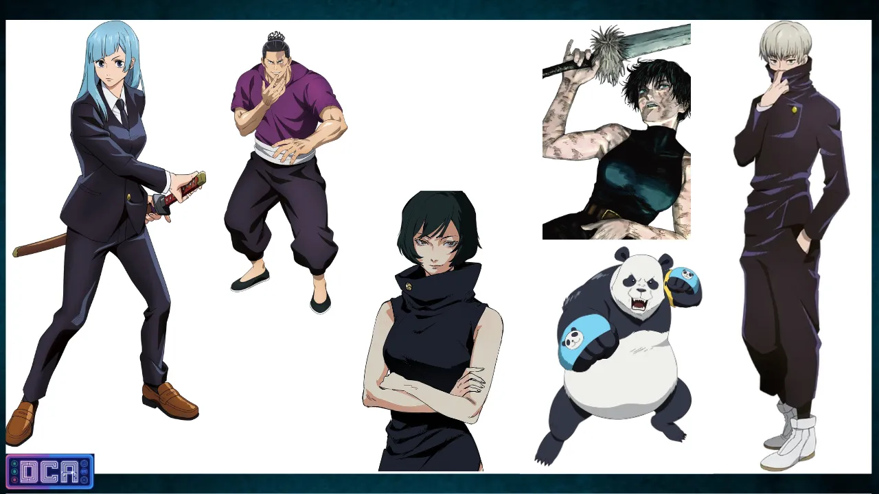 Colagem de personagens de apoio de Jujutsu Kaisen destacando Maki Zenin com Restrição Celestial, Aoi Todo, Panda, Toge Inumaki e Kasumi Miwa.