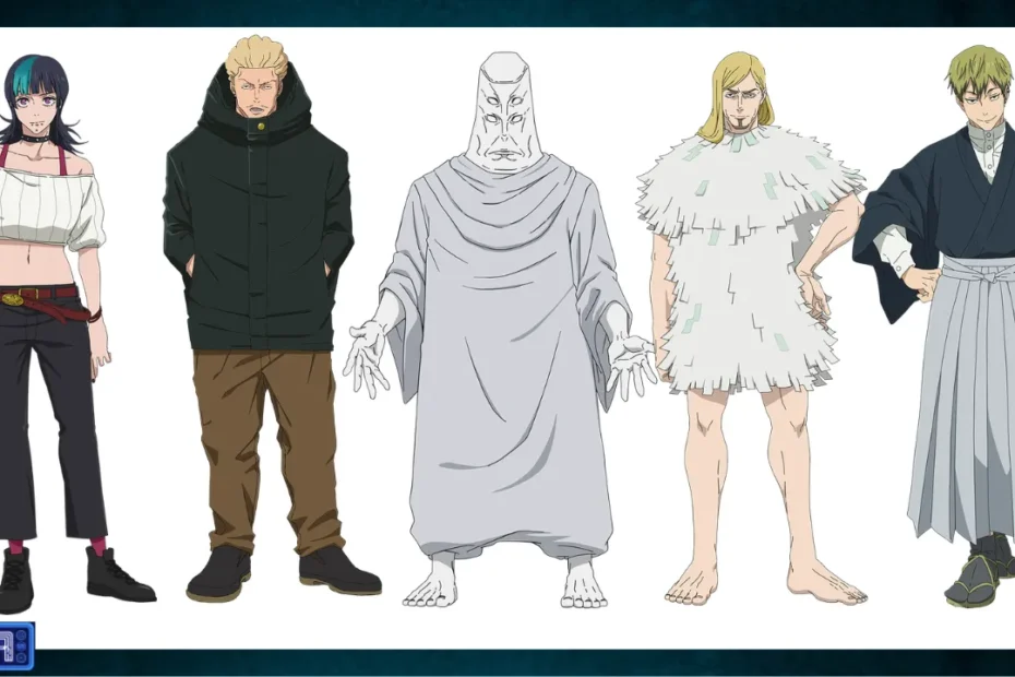Guia visual de personagens da 3ª temporada de Jujutsu Kaisen: Kirara, Kinji Hakari, Mestre Tengen, Hana Kurusu (Angel) e Charles Bernard.