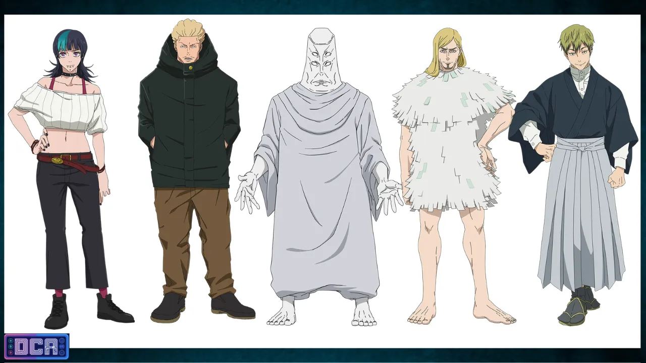 Guia visual de personagens da 3ª temporada de Jujutsu Kaisen: Kirara, Kinji Hakari, Mestre Tengen, Hana Kurusu (Angel) e Charles Bernard.