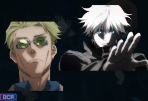Retrato dos mentores de Jujutsu Kaisen: Satoru Gojo com Seis Olhos ativados e Kento Nanami, representando a hierarquia da força jujutsu.