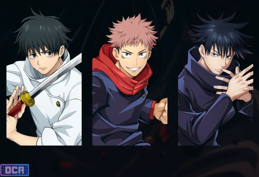 Protagonistas e Mentores de Jujutsu Kaisen: A Hierarquia da Força Jujutsu 2 Os protagonistas de Jujutsu Kaisen: Yuta Okkotsu, Yuji Itadori e Megumi Fushiguro em poses de combate, representando o futuro da feitiçaria.
