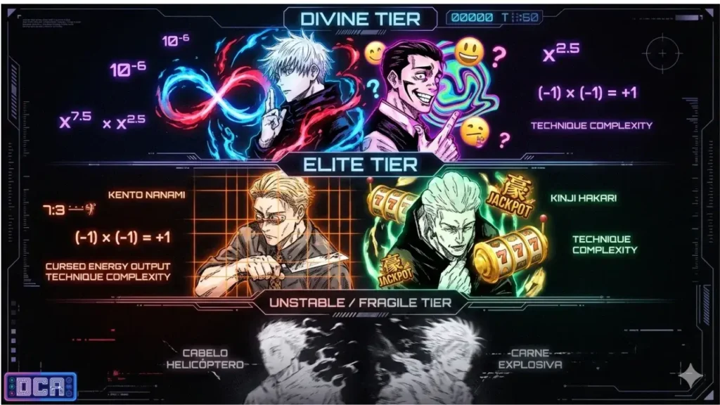 65 Técnicas de Jujutsu Kaisen: O Ranking Completo das Mais Fracas às Mais Fortes 1 Infográfico das técnicas de Jujutsu Kaisen: Satoru Gojo e Takaba no Divine Tier, Nanami e Hakari no Elite Tier, e Cabelo Helicóptero no Unstable Tier.