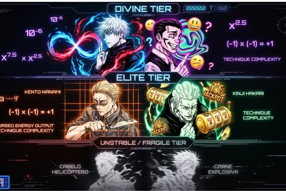 Infográfico das técnicas de Jujutsu Kaisen: Satoru Gojo e Takaba no Divine Tier, Nanami e Hakari no Elite Tier, e Cabelo Helicóptero no Unstable Tier.