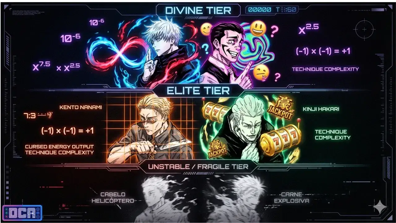 Infográfico das técnicas de Jujutsu Kaisen: Satoru Gojo e Takaba no Divine Tier, Nanami e Hakari no Elite Tier, e Cabelo Helicóptero no Unstable Tier.