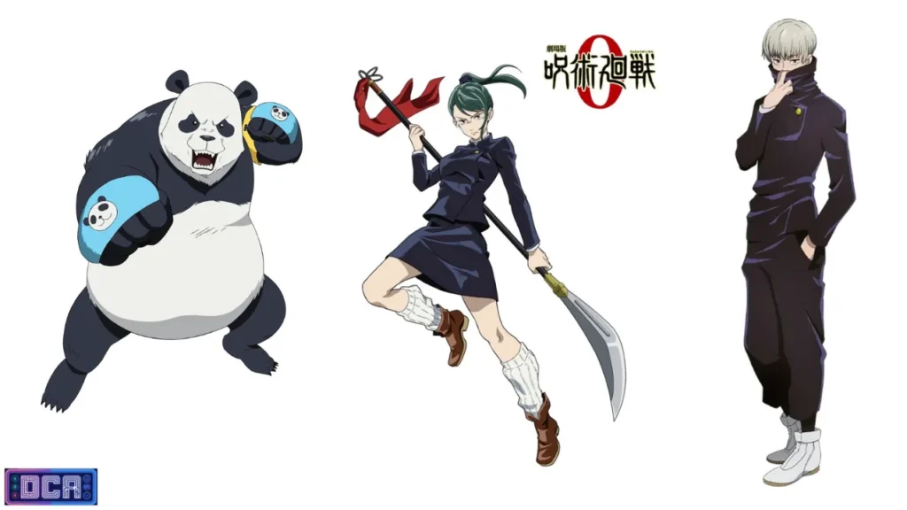 Além do Protagonismo: O Dossiê dos Feiticeiros de Elite e Aliados de JJK 2 Panda, Maki Zenin com sua arma amaldiçoada e Toge Inumaki, representando os veteranos e especialistas da resistência de Tóquio em Jujutsu Kaisen.