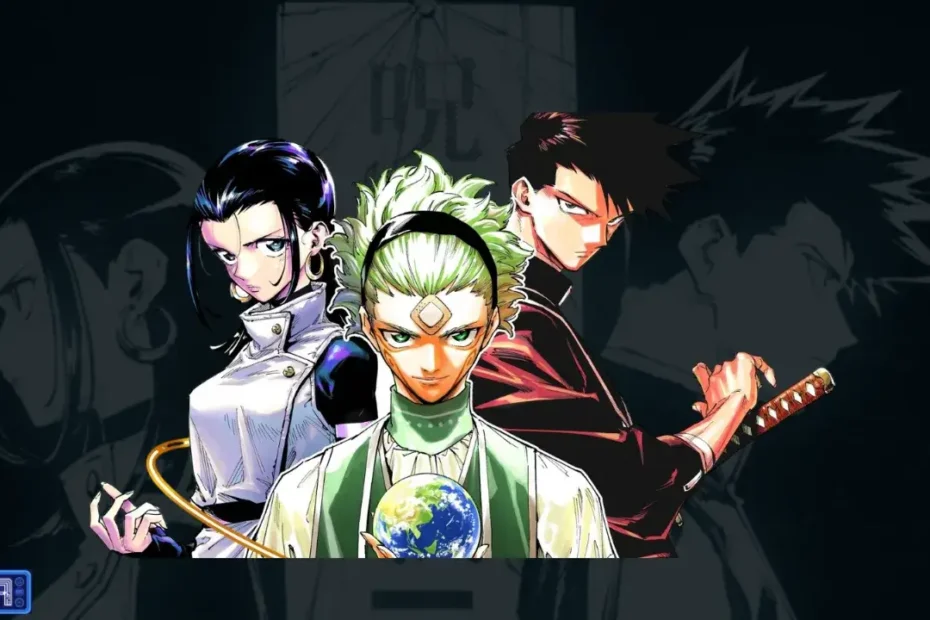 Todos os Personagens de Jujutsu Kaisen Modulo (2086): O Futuro da Feitiçaria 1 Ilustração dos personagens de Jujutsu Kaisen Modulo (2086), destacando Yuka Okkotsu com o Nexo das Almas, Tsurugi Okkotsu e veteranos ciborgues no futuro.