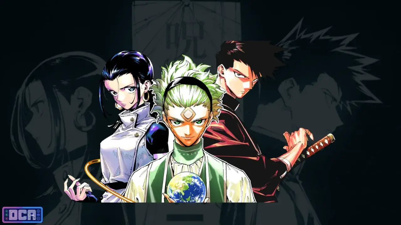 Ilustração dos personagens de Jujutsu Kaisen Modulo (2086), destacando Yuka Okkotsu com o Nexo das Almas, Tsurugi Okkotsu e veteranos ciborgues no futuro.