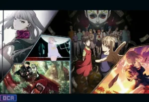 Montagem ilustrando o clima opressor com cenas dos protagonistas dos 5 animes mais sombrios da temporada de primavera, incluindo Liar Game e O Devorador de Monstros, desenhada para transmitir a atmosfera visceral de terror psicológico e fantasia sombria aos leitores