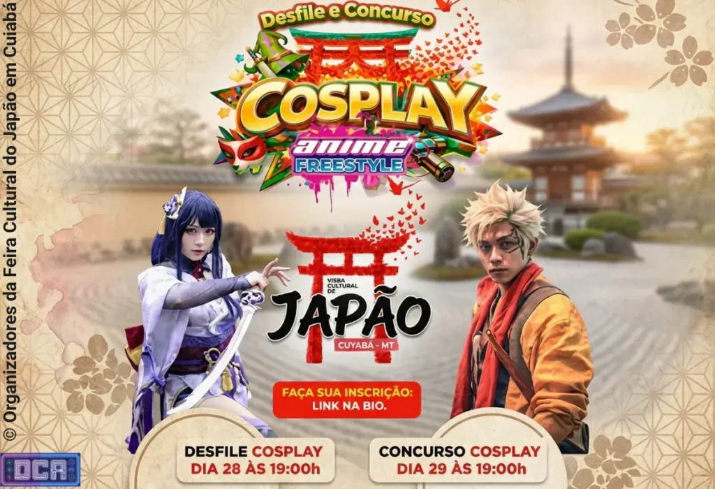 Guia Definitivo: A Feira Cultural do Japão em Cuiabá (CBA) 2026 4 Banner oficial do concurso de Cosplay da Feira Cultural do Japão em Cuiabá 2026, exibindo cosplayers profissionais e o cronograma das competições de sábado e domingo.