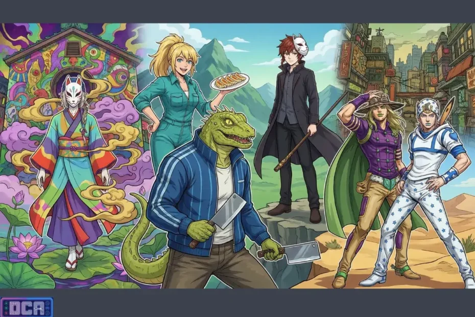 Ilustração épica de destaque reunindo os personagens das principais continuações da temporada de animes de abril de 2026. A montagem apresenta o Boticário de Mononoke, Caiman e Nikaido de Dorohedoro, e Gyro com Johnny de JoJo's Bizarre Adventure, ilustrando o peso dos gigantes que retornam nesta primavera.