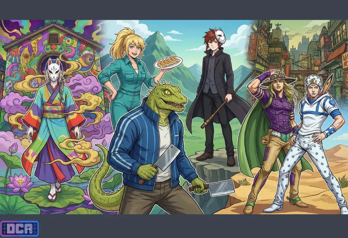 As 26 Grandes Continuações Da Temporada De Abril De 2026 8 Ilustração épica de destaque reunindo os personagens das principais continuações da temporada de animes de abril de 2026. A montagem apresenta o Boticário de Mononoke, Caiman e Nikaido de Dorohedoro, e Gyro com Johnny de JoJo's Bizarre Adventure, ilustrando o peso dos gigantes que retornam nesta primavera.