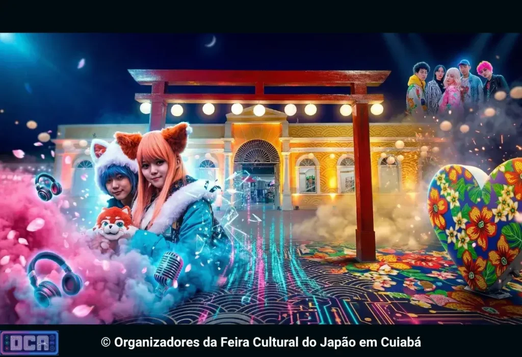 Representação visual da Feira Cultural do Japão em Cuiabá 2026 no Museu do Rio, destacando a mescla entre o portal Torii tradicional e a estética moderna da cultura pop japonesa.