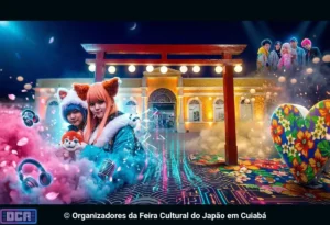 Representação visual da Feira Cultural do Japão em Cuiabá 2026 no Museu do Rio, destacando a mescla entre o portal Torii tradicional e a estética moderna da cultura pop japonesa.