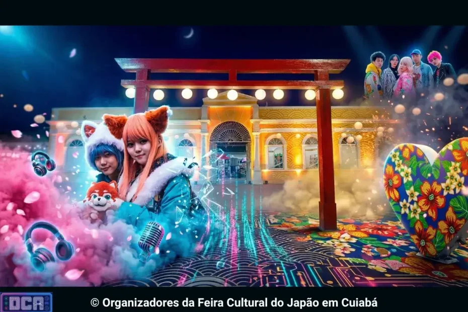 Guia Definitivo: A Feira Cultural do Japão em Cuiabá (CBA) 2026 1 Representação visual da Feira Cultural do Japão em Cuiabá 2026 no Museu do Rio, destacando a mescla entre o portal Torii tradicional e a estética moderna da cultura pop japonesa.