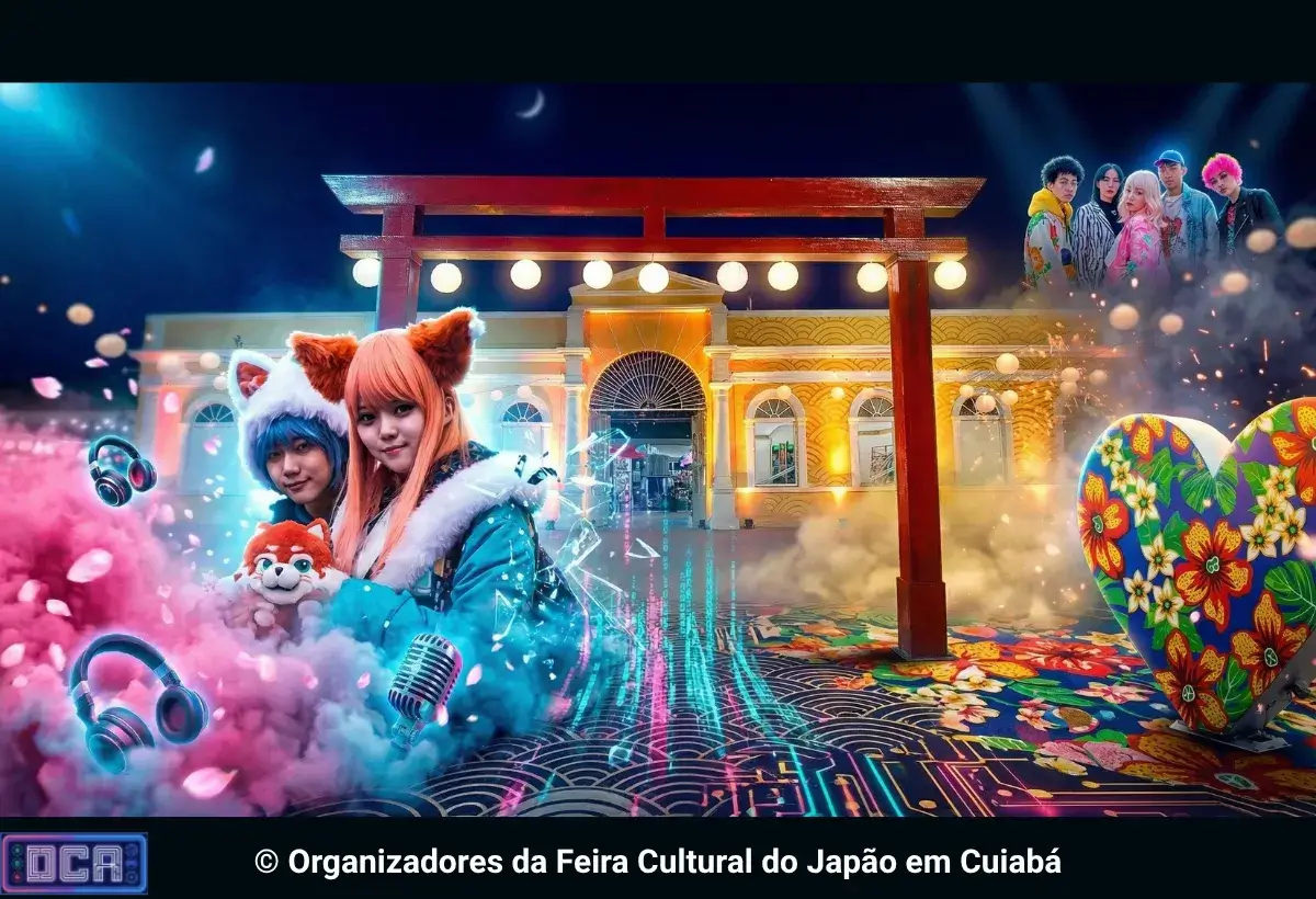Representação visual da Feira Cultural do Japão em Cuiabá 2026 no Museu do Rio, destacando a mescla entre o portal Torii tradicional e a estética moderna da cultura pop japonesa.