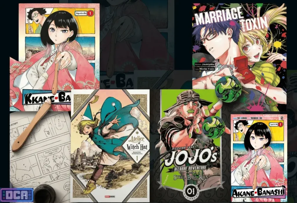 Guia Definitivo: Os Lançamentos Dark de Abril 2026 que Vão Estraçalhar seu Psicológico 1 "Colagem dos lançamentos de mangás dark de abril 2026: capas de Akane-banashi, Marriage Toxin, Ateliê das Feiticeiras e JoJo's Bizarre Adventure: Steel Ball Run."