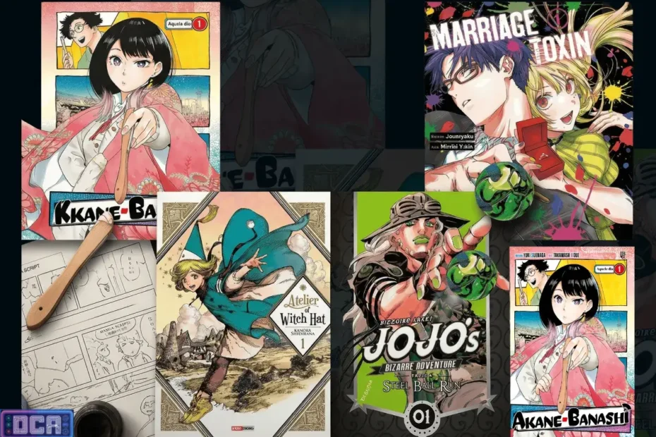 "Colagem dos lançamentos de mangás dark de abril 2026: capas de Akane-banashi, Marriage Toxin, Ateliê das Feiticeiras e JoJo's Bizarre Adventure: Steel Ball Run."