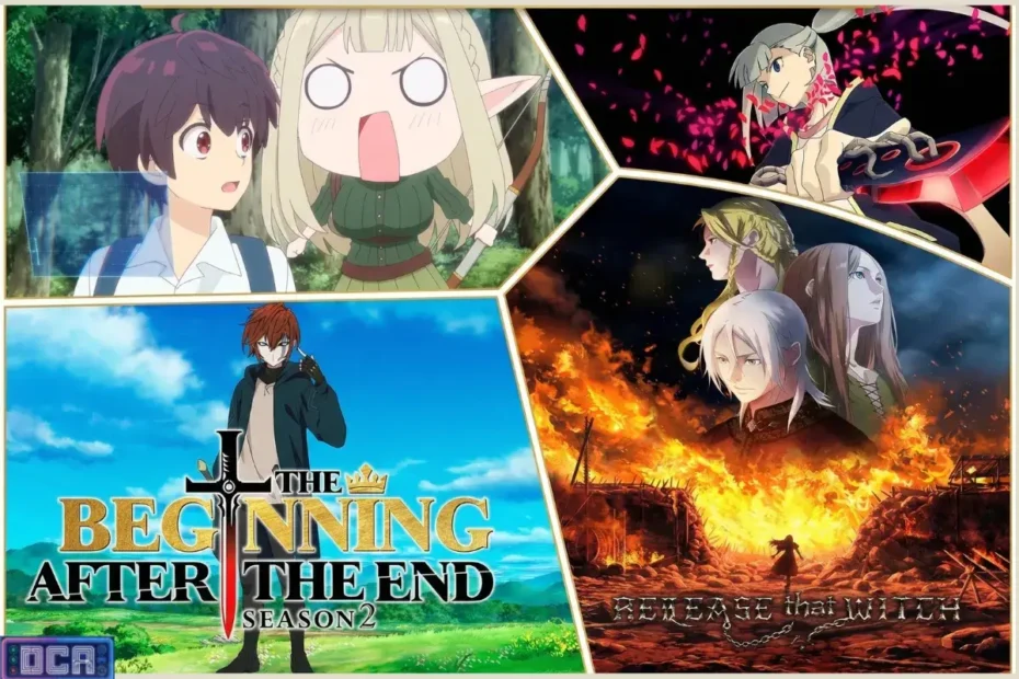 O Calendário Definitivo: Tabelas de Estreia e Streaming dos Animes de Abril 2026 1 Colagem promocional dos animes de abril 2026, destacando The Beginning After the End e Release That Witch para ilustrar as tabelas de streaming da temporada de primavera.