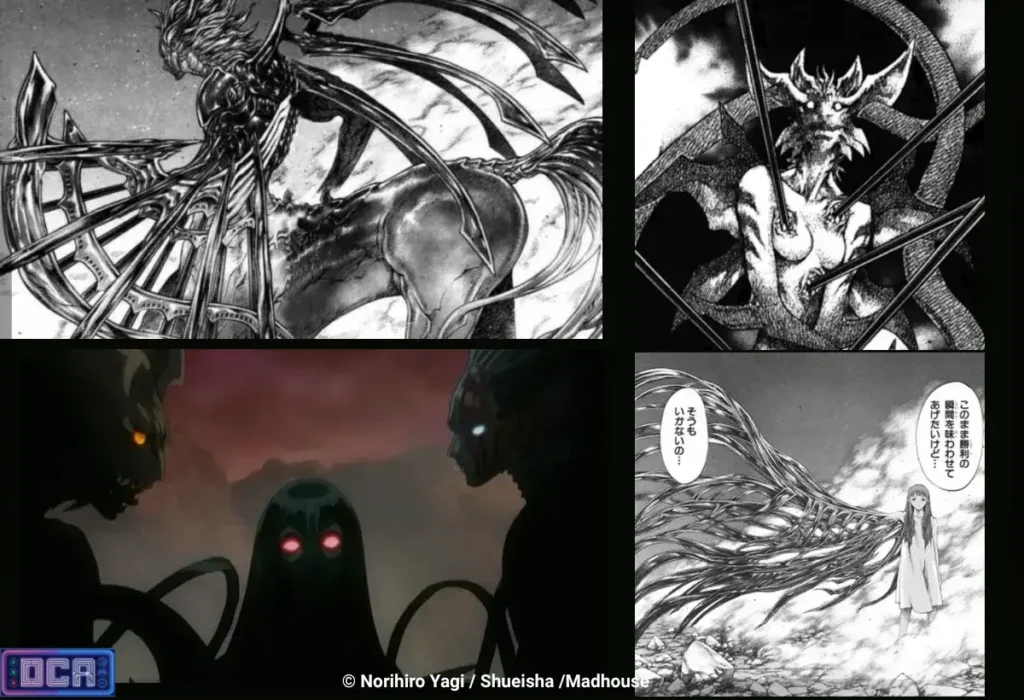 A Organização em Claymore: Os Segredos dos Homens de Preto e os 47 Distritos Fatais 2 Montagem sombria destacando os aterrorizantes Seres Abissais Isley, Luciela e Riful, que governam com brutalidade os confins do continente. Estas divindades caídas são a prova viva do fracasso monstruoso e da manipulação do tabuleiro macabro gerido pela Organização em Claymore ao longo de seus 47 distritos.
