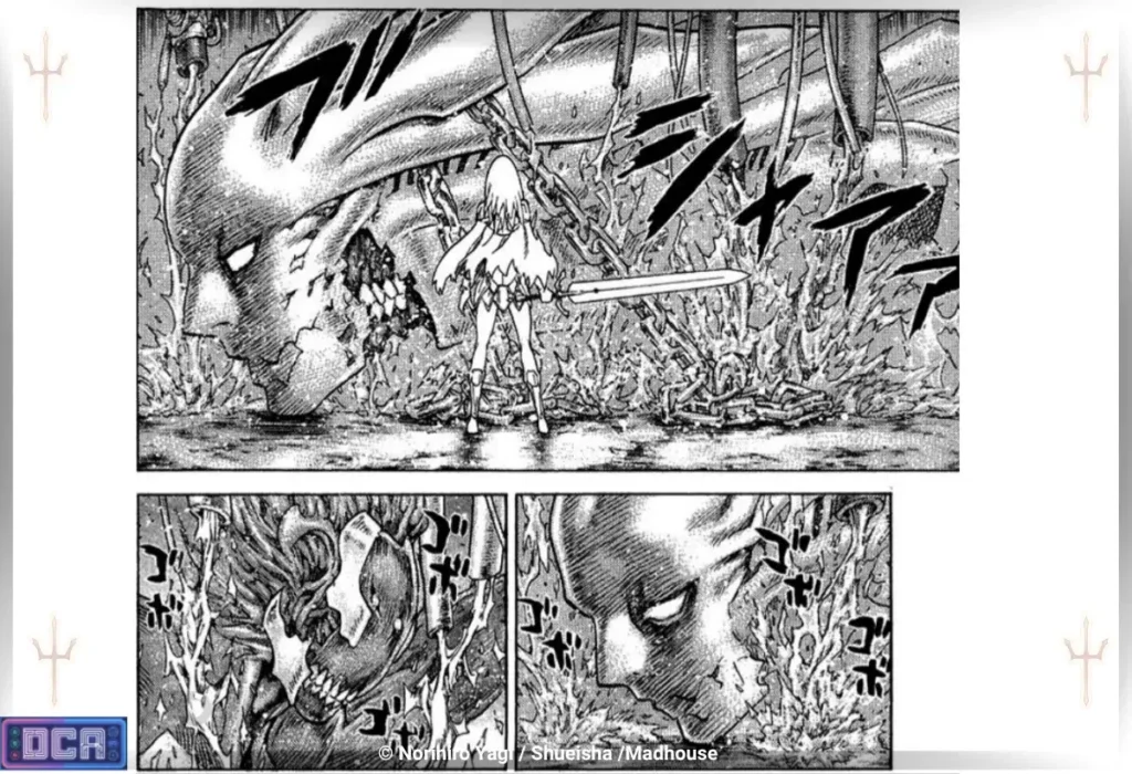A Biologia Macabra de Claymore: A Verdade sobre os Yomas e o Pesadelo do Despertar 2 A aterrorizante visão de um colossal Asarakam acorrentado nos laboratórios subterrâneos da Organização. Esta monstruosidade blindada e aprisionada revela a origem sombria dos parasitas Yomas e a essência trágica que rege toda a biologia macabra de Claymore.
