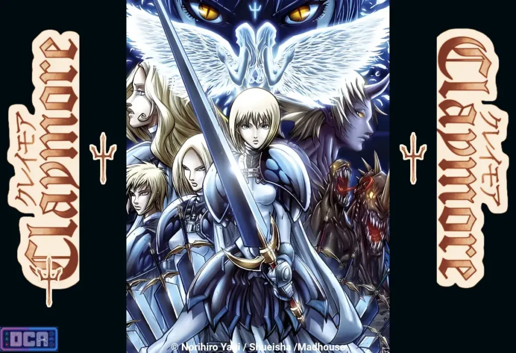 O Ponto de Ruptura: Até qual episódio o anime de Claymore é fiel ao mangá? 2 Banner promocional de lançamento do anime em 2007, exibindo Clare empunhando sua espada diante do panteão de personagens e ameaças da série. A arte imponente esconde o iminente choque de cronogramas com o mangá mensal, o motivo fatal que explica porque o anime Claymore foi cancelado em seu ápice.