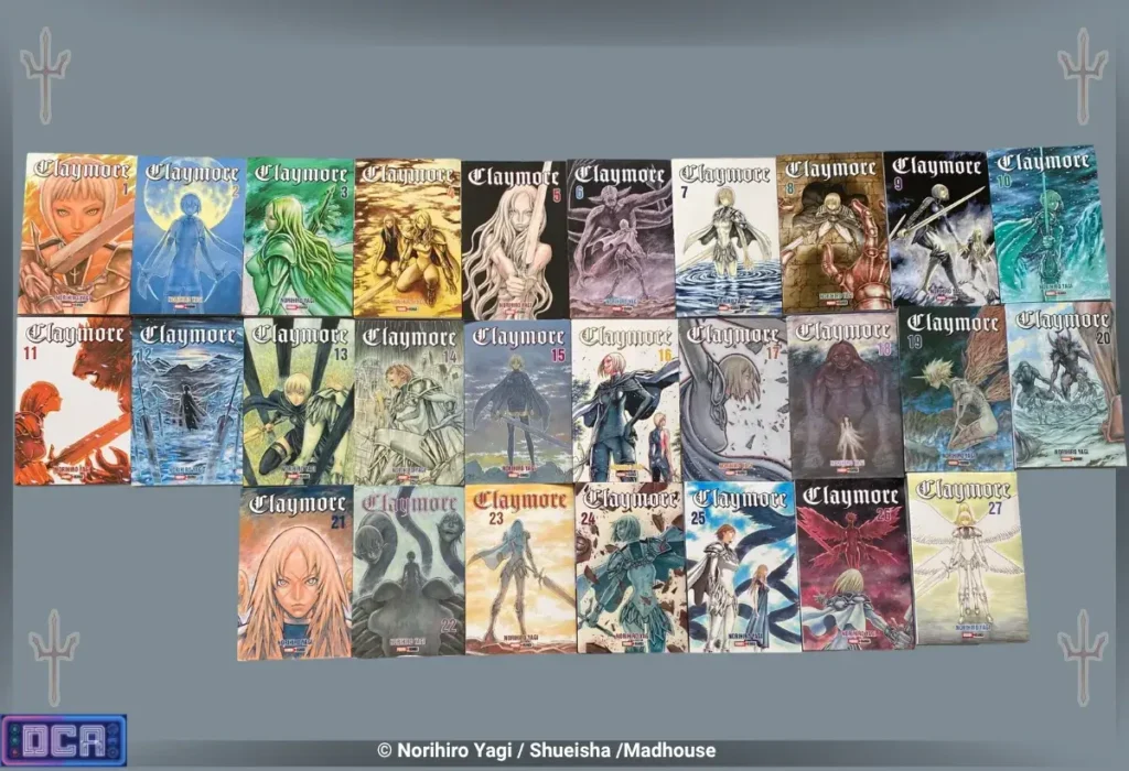 Montagem exibindo todas as 27 belas capas originais publicadas no Brasil, ilustrando a evolução da arte da épica saga de fantasia sombria. Se você procura onde comprar a coleção mangá Claymore, esta imagem resgata o visual clássico dos volumes físicos criados por Norihiro Yagi.