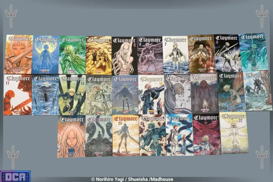 Montagem exibindo todas as 27 belas capas originais publicadas no Brasil, ilustrando a evolução da arte da épica saga de fantasia sombria. Se você procura onde comprar a coleção mangá Claymore, esta imagem resgata o visual clássico dos volumes físicos criados por Norihiro Yagi.