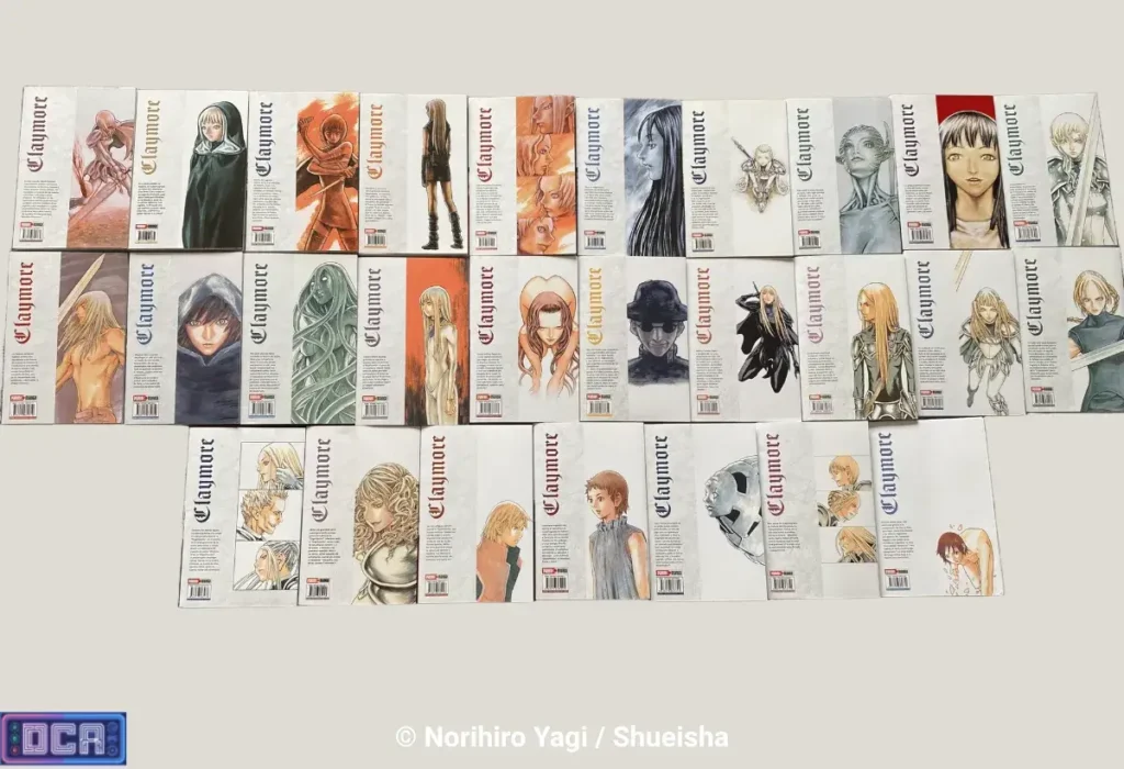 O Guia Definitivo de Claymore: Mangá, Anime e o Abismo da Fantasia Sombria 3 A imponente coleção das 27 contracapas brasileiras do mangá Claymore dispostas lado a lado, revelando a evolução sombria e a arte melancólica da jornada de Clare e das guerreiras de prata rumo ao verdadeiro abismo da guerra contra os Seres Despertos.