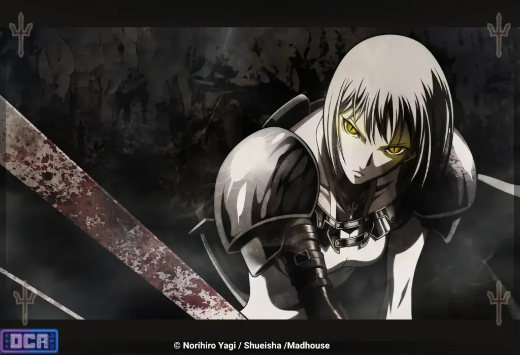 Claymore Vale a Pena em 2026? Review Definitivo do Mangá e Anime 2 Clare, a guerreira número 47, em uma tensa pose de batalha com os olhos prateados brilhando e sua colossal espada manchada de sangue. A brutalidade tática e a tensão constante do Despertar ilustram perfeitamente por que ler e assistir Claymore vale a pena em 2026 para os fãs de fantasia sombria.