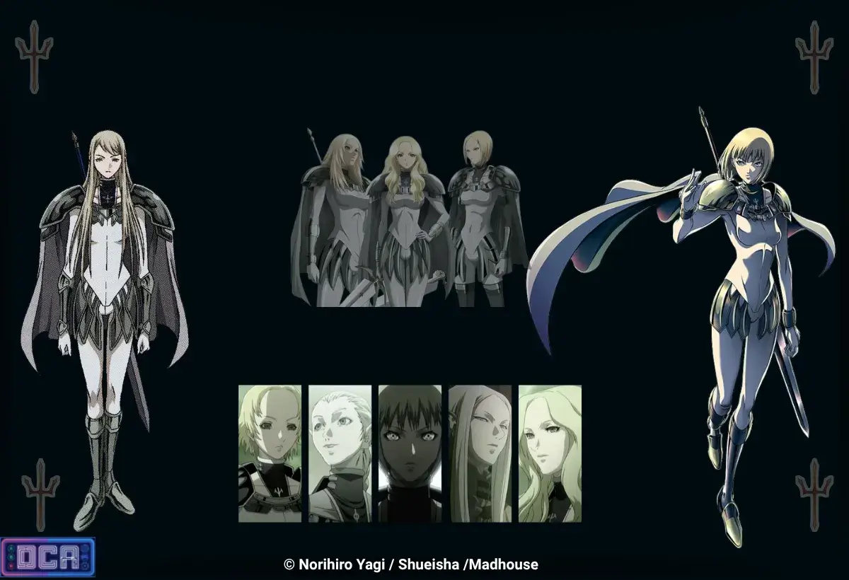 Claymore Vale a Pena em 2026? Review Definitivo do Mangá e Anime 11 Montagem destacando várias guerreiras de prata em suas clássicas armaduras e capas esvoaçantes. Uma arte saudosista que ilustra nossa análise profunda para responder à maior dúvida dos novos fãs de fantasia sombria: ler e assistir Claymore vale a pena em 2026?