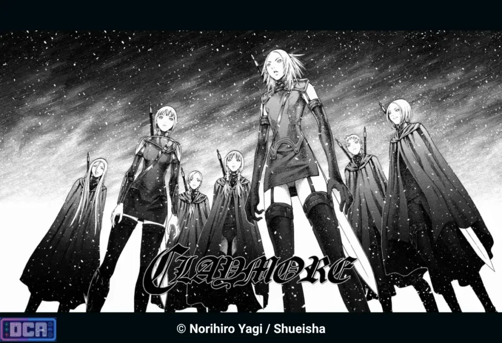 O Guia Definitivo de Claymore: Mangá, Anime e o Abismo da Fantasia Sombria 2 Página dupla épica do mangá destacando as guerreiras de Claymore sob a neve. A frieza da arte em preto e branco reflete o fardo melancólico e o rígido controle do poder Yoki que cada uma carrega em suas missões suicidas para não sucumbir ao trágico despertar.