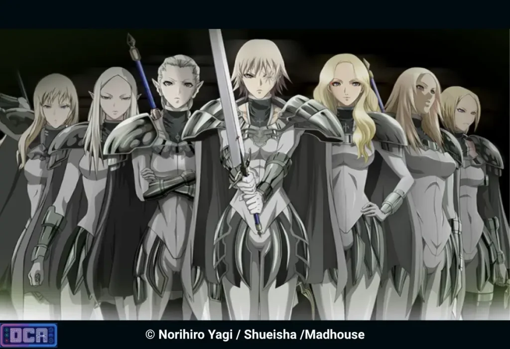 O Ponto de Ruptura: Até qual episódio o anime de Claymore é fiel ao mangá? 3 As sete guerreiras sobreviventes da Campanha do Norte reunidas em formação. A omissão do brutal exílio no gelo que transformaria estas caçadoras nas implacáveis Sete Fantasmas é a ferida narrativa que explica porque o anime Claymore foi cancelado, arruinando o peso do sacrifício original.