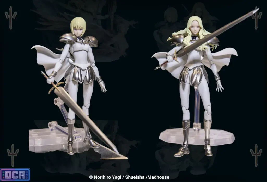 Estátuas e Action Figures de Claymore: Guia de Compra Implacável para Colecionadores 4 Montagem exibindo as incríveis e nostálgicas peças articuladas de Clare e Teresa da linha Revoltech Fraulein. Mais do que simples moldes de plástico, estas Estátuas e Action Figures de Claymore recriam com perfeição as contorções viscerais e a fúria melancólica das batalhas do mangá, permitindo aos fãs montar dioramas épicos e cheios de emoção.