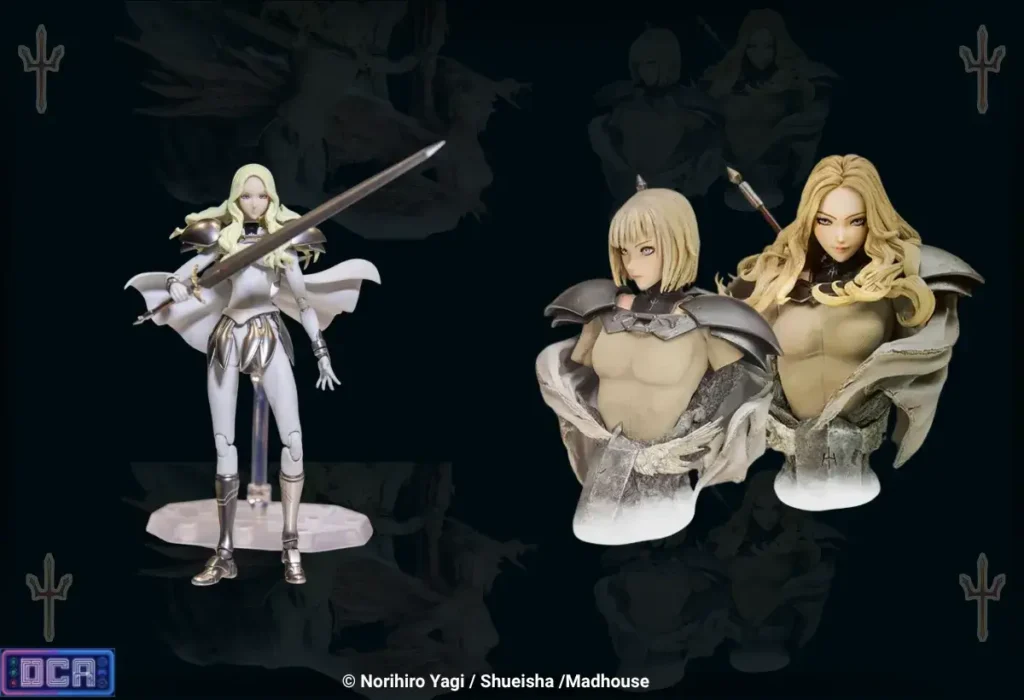 Estátuas e Action Figures de Claymore: Guia de Compra Implacável para Colecionadores 2 Uma montagem detalhada revelando o fim de uma década de escassez no submundo dos colecionáveis. De um lado, a imponente figura articulada de Teresa empunhando sua espada; do outro, os melancólicos e detalhados bustos de Clare e Teresa. Juntas, estas raras Estátuas e Action Figures de Claymore capturam a aura trágica e a beleza sombria que definem o legado das guerreiras de prata.