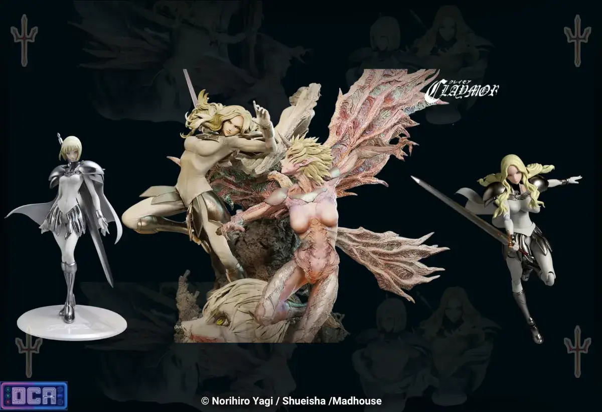 Uma montagem impressionante exibindo as mais cobiçadas Estátuas e Action Figures de Claymore oficiais. No centro, a monumental estatueta da Figurama captura o trágico e brutal embate entre Teresa do Sorriso Aparente e Priscilla em sua aterradora forma abissal, ladeada pelas precisas e saudosistas peças de Clare e Teresa das marcas MegaHouse e Toy's Works. Um verdadeiro tesouro que materializa a fantasia sombria e o luto da obra nas prateleiras.