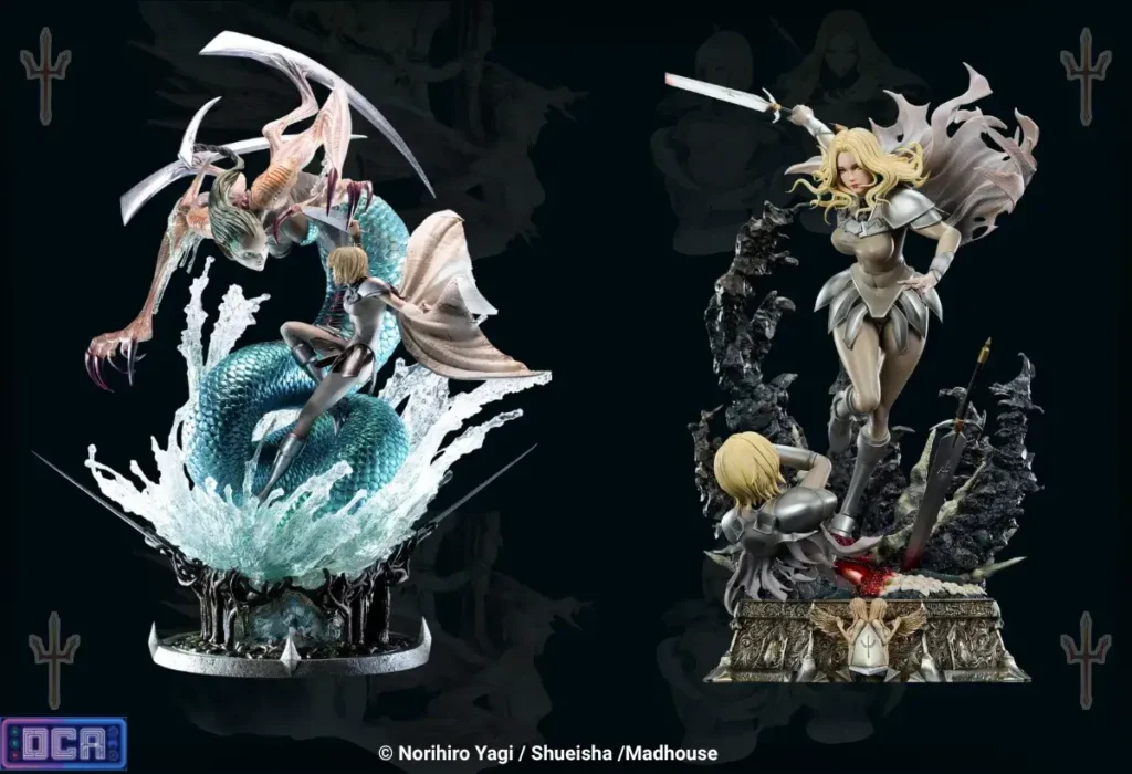 Estátuas e Action Figures de Claymore: Guia de Compra Implacável para Colecionadores 3 Montagem exibindo os monumentais dioramas da Figurama Collectors. De um lado, Clare em um embate mortal contra a monstruosa Ophelia em sua forma abissal de serpente; do outro, a imponente Teresa desferindo um golpe letal. Estas luxuosas Estátuas de Claymore materializam a violência visceral e o drama da obra em resina premium para os colecionadores mais exigentes.