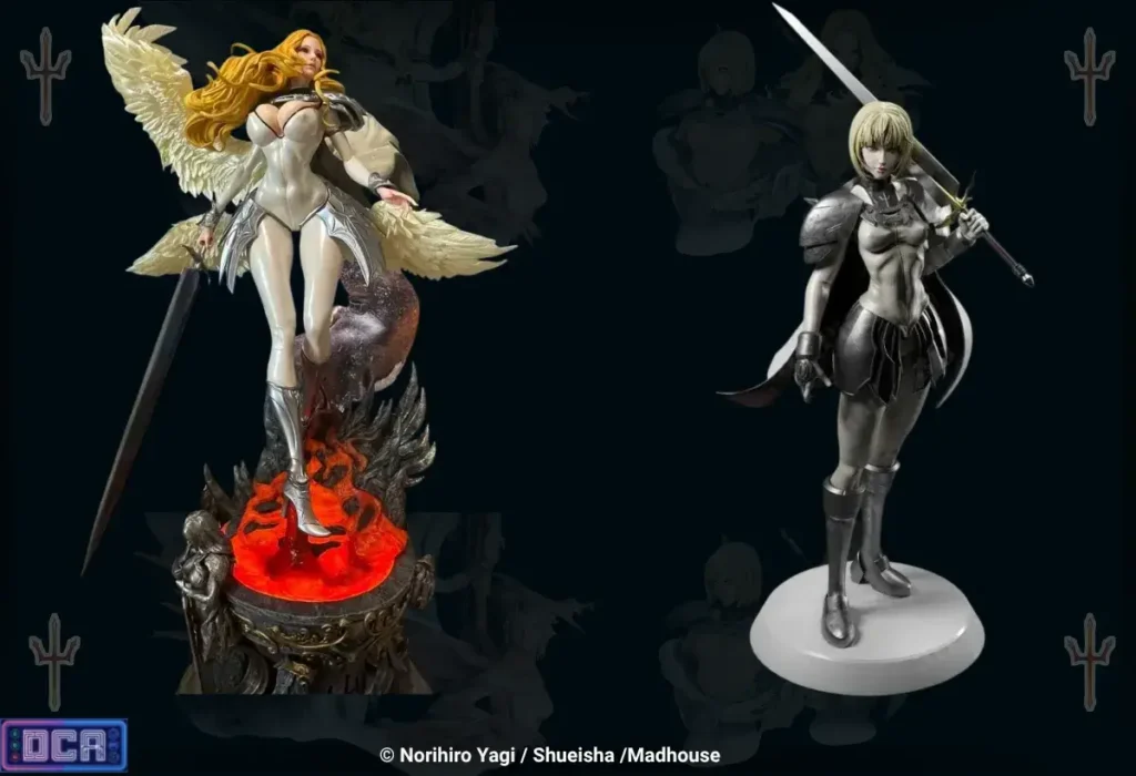 Estátuas e Action Figures de Claymore: Guia de Compra Implacável para Colecionadores 5 Montagem exibindo estatuetas não licenciadas de Clare e Teresa. No traiçoeiro mercado alternativo, identificar falsificações sem alma e recasts encolhidos é crucial para quem busca colecionar as cobiçadas Estátuas e Action Figures de Claymore, evitando armadilhas que destroem as microtexturas e a beleza letal das guerreiras.