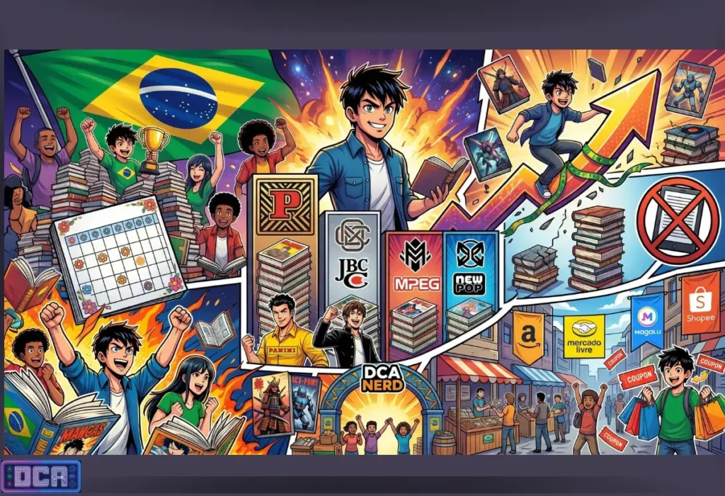 Mercado Brasileiro de Mangás Bate Recorde com Quase 300 Publicações em 2026 1 Ilustração vibrante gerada por inteligência artificial representando o aquecido mercado otaku brasileiro. Fãs comemoram ao redor de imensas pilhas de quadrinhos, bandeira do Brasil, gráficos de crescimento e logotipos de grandes editoras e marketplaces, celebrando o incrível recorde de quase 300 mangás publicados no Brasil.